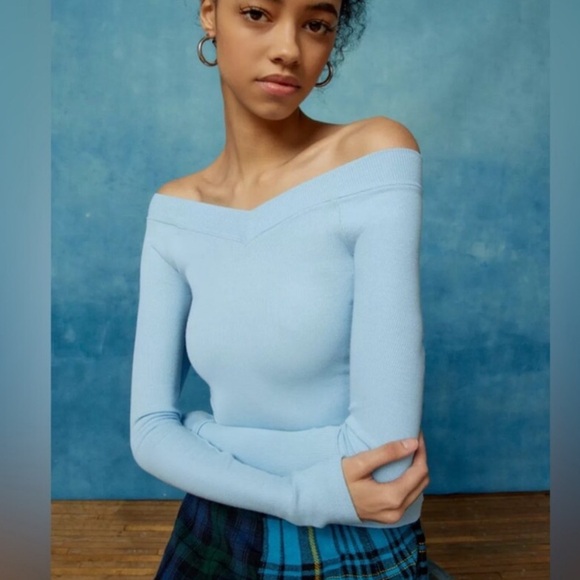 Urban Outfitters BDG Ribbed Off The Shoulder Long Sleeve In Blue. NWOT! Sz L - Picture 4 of 6